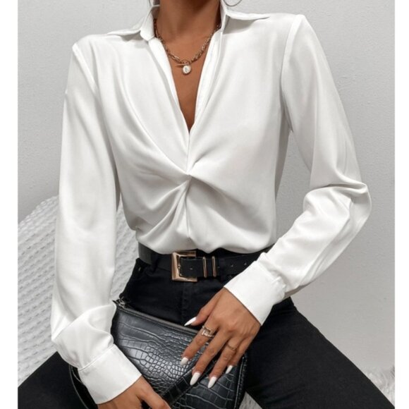 Twist Front White Office Shirt Long Sleeve Collar Neckline V-Neck - Picture 1 of 10